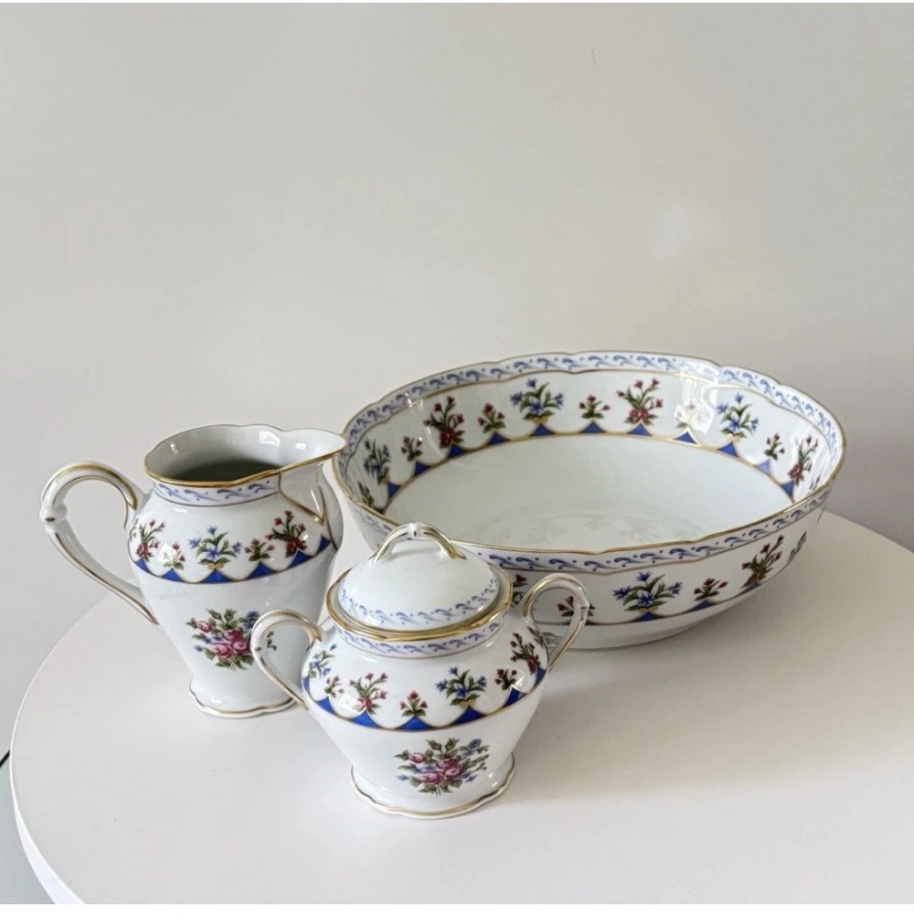 BERNARDAUD LIMOGES Chateaubriand 3pc Serving Set Sugar Dish w/Lid, Creamer, Bowl
